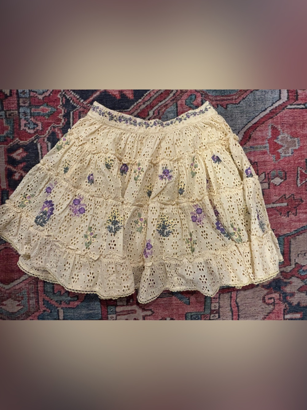HEMANT & NANDITA Cream Eyelet Tiered Skirt with Purple & Green Floral Embroidery